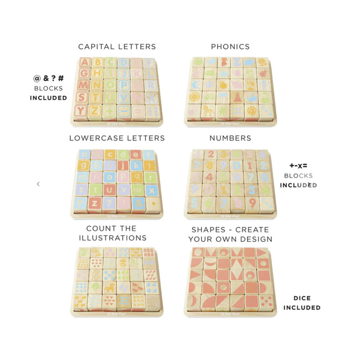 Lernwürfel mit Zahlen, Buchstaben und Motiven