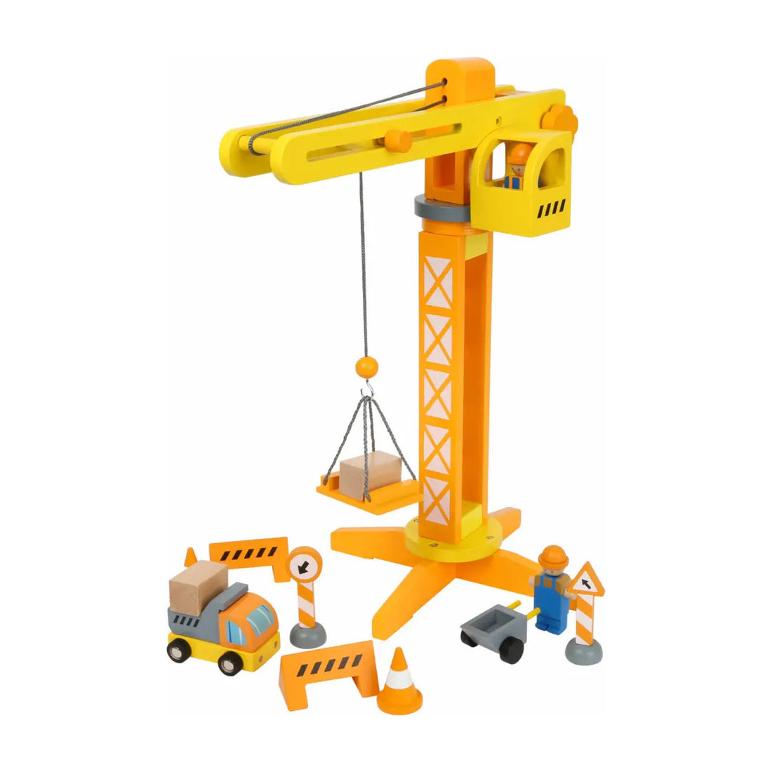Baukran mit Baustellenzubehör